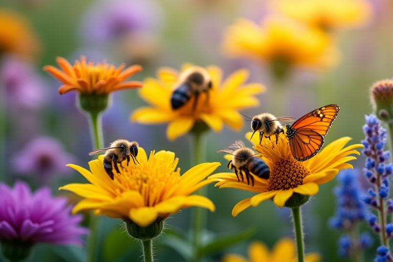 Jardín de polinizadores con abejas, mariposas y biodiversidad